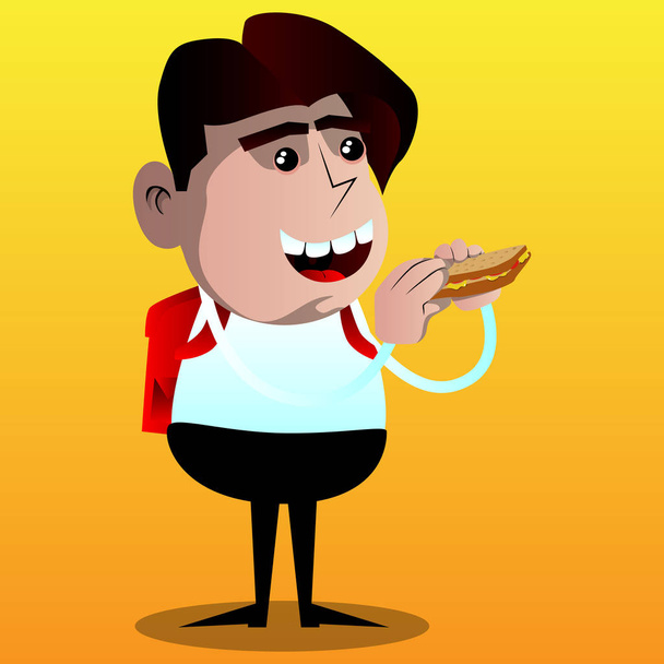 Uno studente che mangia un panino. Illustrazione del personaggio dei cartoni animati vettoriali
. - Vettoriali, immagini