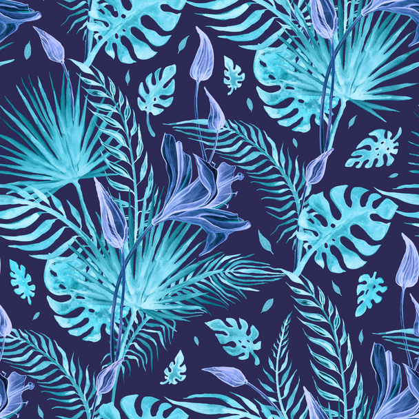 Beautiful Tropical flowers, seamless pattern. Watercolor hand drawn illustration, exotic background - Foto, Imagem
