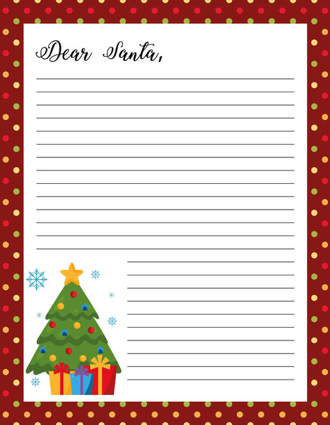 Brief an Weihnachtsmann-Vorlage, druckbare Seite. Weihnachtsbaum mit Geschenken auf festlichem Hintergrund.  - Vektor, Bild