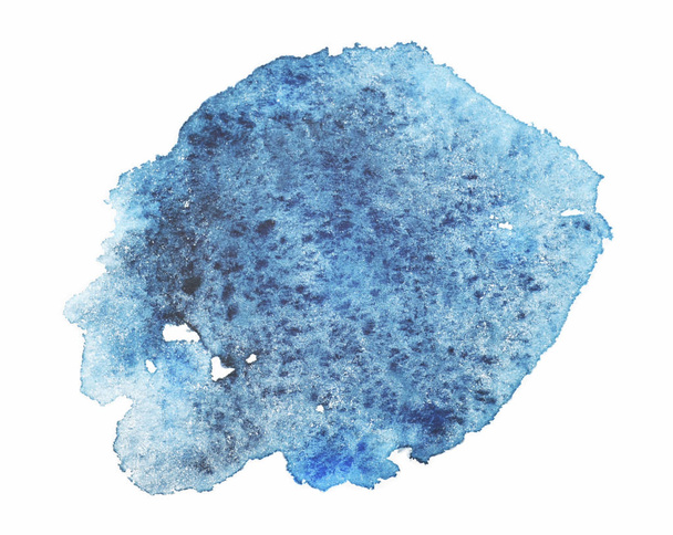 Watercolor stain of blue with blue splashes, with clear borders on a white background. - Foto, imagen