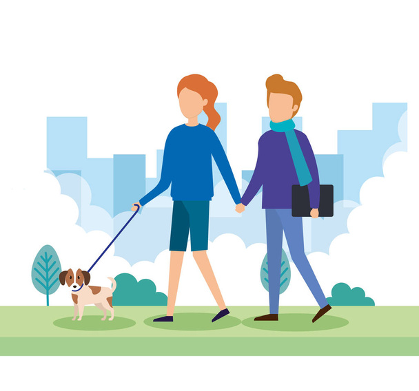 pareja joven con perros en el parque
 - Vector, Imagen