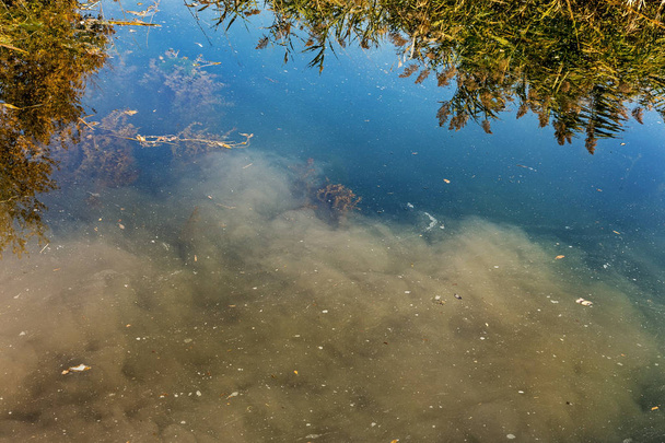 Järven pinnalla on likaisia öljytahroja, jotka ovat saastuneet teollisuusjäteveden valumisen seurauksena. Täplä öljy pesun jälkeen auton lähellä järveä. Ekologinen ongelma
. - Valokuva, kuva