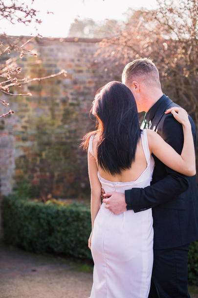 Stylish, hugging couple stands aback on the yard - Valokuva, kuva