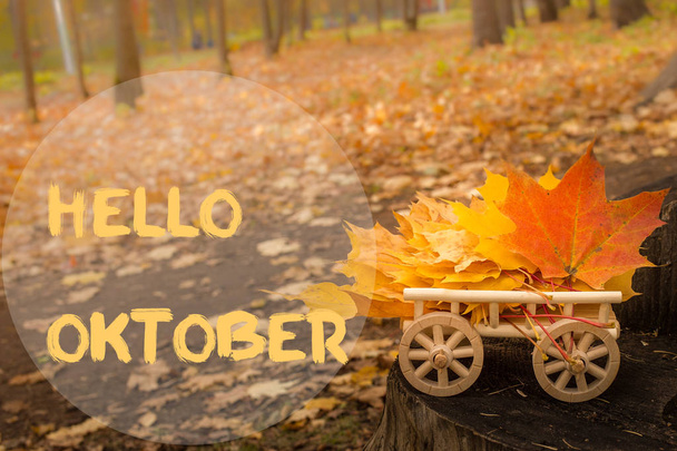 Olá Outubro cartão de saudação. O bordo do outono deixa o fundo. A Temporada do Outono. tonificação, foco suave
 - Foto, Imagem