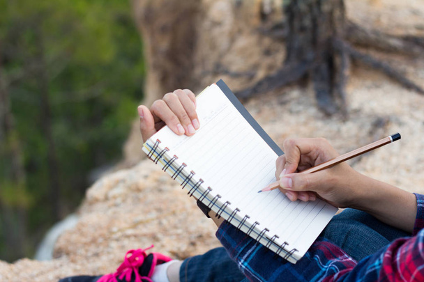 ženské ruce s tužkou, psaní na notebooku - Fotografie, Obrázek