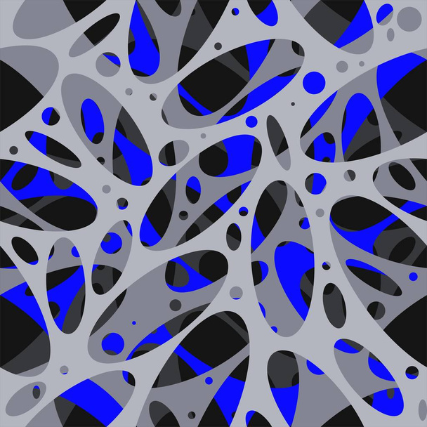 Adornos abstractos de agujeros ovalados con efecto de volumen en gris y azul patrón sin costuras sobre fondo negro
. - Vector, imagen