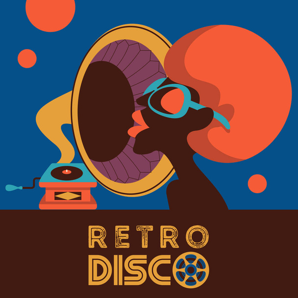 Retro disco party. Colorful vector illustration, poster. Beautiful black girl and gramophone. - Vector, imagen