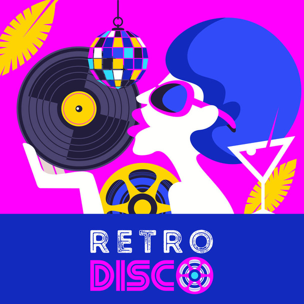 Retro disco party. A colorful poster, a poster in a retro style. Beautiful girl in sunglasses holding vinyl record. - Vektori, kuva