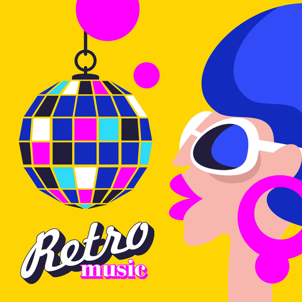 Beautiful girl in sunglasses and bright disco ball. Retro disco party. A colorful poster, a poster in a retro style. - Вектор, зображення