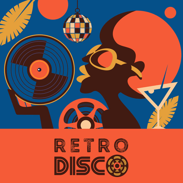 Retro disco party. A colorful poster, a poster in a retro style. Beautiful black girl in sunglasses holding vinyl record. - Vettoriali, immagini