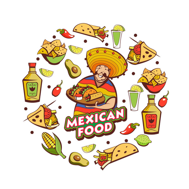 Mexické jídlo. Populární mexické jídlo, rychlé občerstvení. Legrační mexické pončo a sombrero. Vektorové ilustrace. - Vektor, obrázek