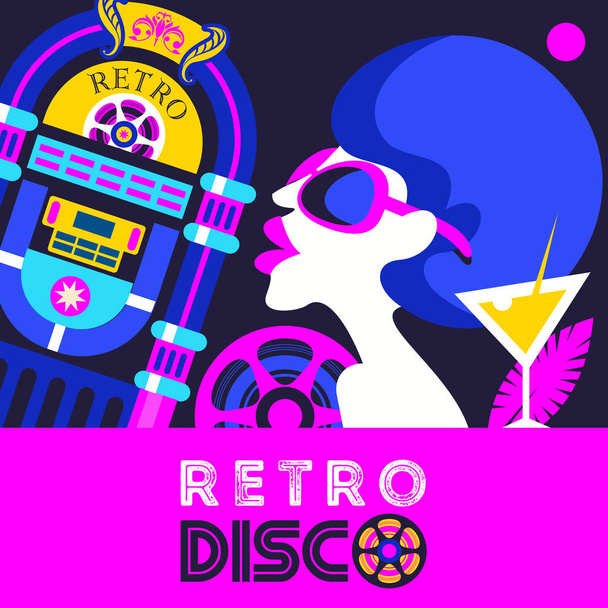 Retro disco party. Colorful vector illustration, poster. Beautiful black girl. Old jukebox. - Vecteur, image