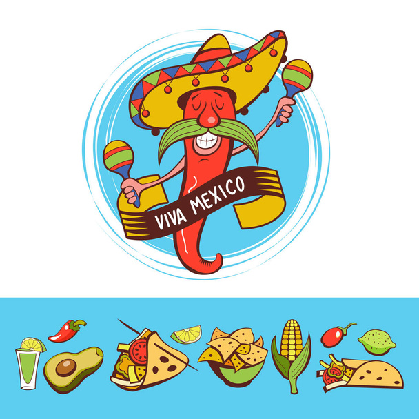 Punaista chiliä sombrero-tanssissa marakassien kanssa. Meksikolaista ruokaa. Suosittuja meksikolaisia ruokia, pikaruokaa. Vektorikuvitus. Valikko malli, logo
. - Vektori, kuva