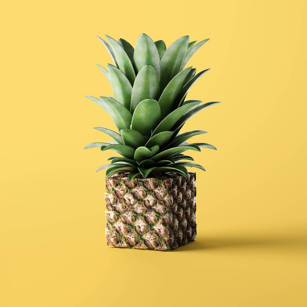 cube shaped pineapple on yellow background - Foto, afbeelding