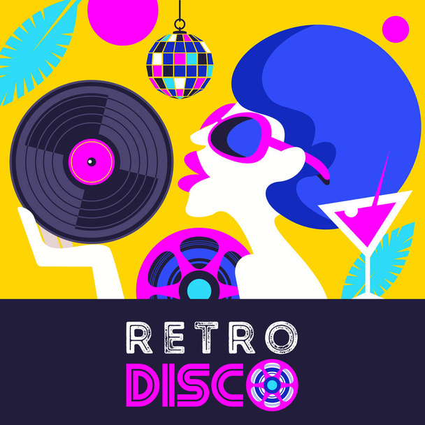 Retro-Disco-Party. ein buntes Poster, ein Poster im Retro-Stil. schönes Mädchen mit Sonnenbrille hält Schallplatte. - Vektor, Bild