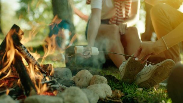 Cooking marshmallows on bonfire on hike - Foto, Imagem