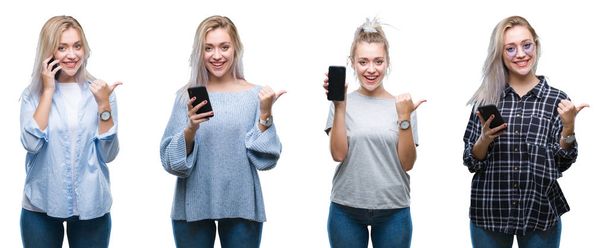 Güzel sarışın genç kadının işaret ve başparmak kadar mutlu yüz gülümseyen tarafı ile gösteren izole arka plan üzerinde smartphone kullanarak kolaj - Fotoğraf, Görsel