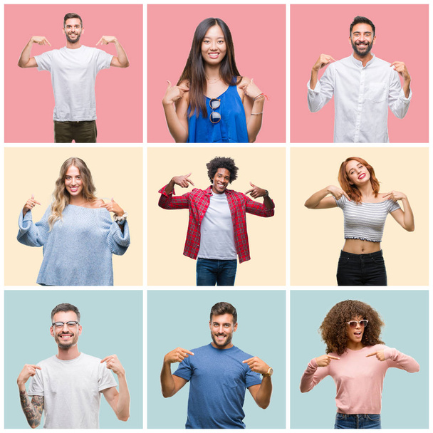 Collage of group of young people woman and men over colorful isolated background looking confident with smile on face, pointing oneself with fingers proud and happy. - Photo, Image