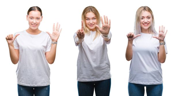 Коллаж группы молодых женщин, одетых в белую футболку на изолированном фоне и показывающих пальцами номер шесть, улыбающихся уверенно и счастливо
. - Фото, изображение