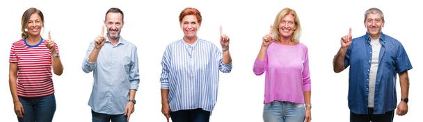 Колаж групи людей середнього і старшого віку над ізольованим тлом, що показує і вказує пальцем номер один, посміхаючись впевнено і щасливо
. - Фото, зображення