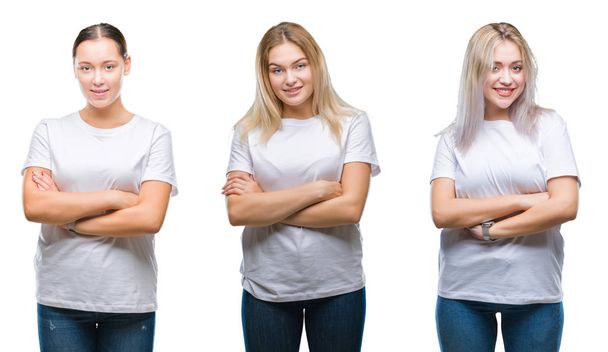Колаж групи молодих жінок у білій футболці над ізольованим тлом щасливе обличчя, що посміхається схрещеними руками, дивлячись на камеру. Позитивна особа
. - Фото, зображення