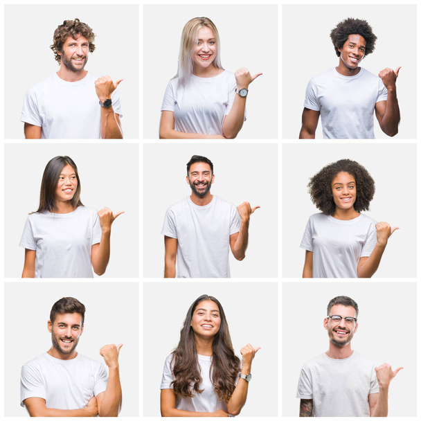 Collage de grupo de personas que usan una camiseta blanca casual sobre un fondo aislado sonriendo con la cara feliz mirando y apuntando hacia un lado con el pulgar hacia arriba
. - Foto, imagen