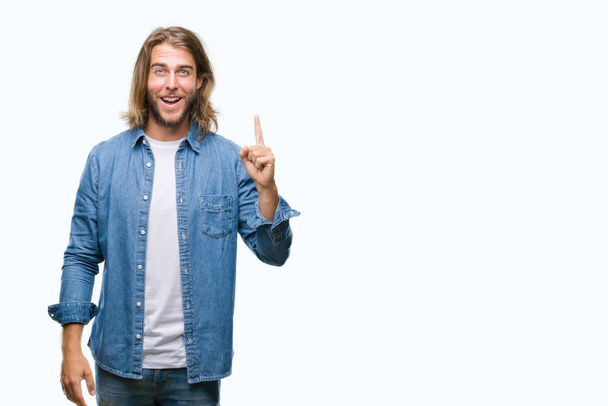 Young handsome man with long hair over isolated background pointing finger up with successful idea. Exited and happy. Number one. - Photo, Image