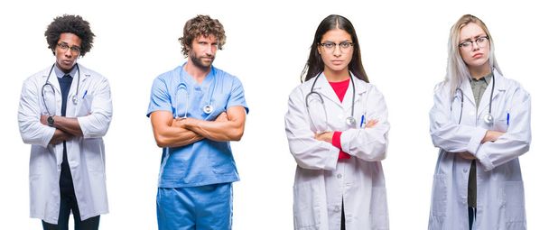 Collage of group of doctor, nurse, surgeon people over isolated background skeptic and nervous, disapproving expression on face with crossed arms. Negative person. - Photo, Image