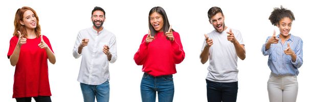 Collage of group chinese, indian, hispanic people over isolated background pointing fingers to camera with happy and funny face. Good energy and vibes. - Photo, Image