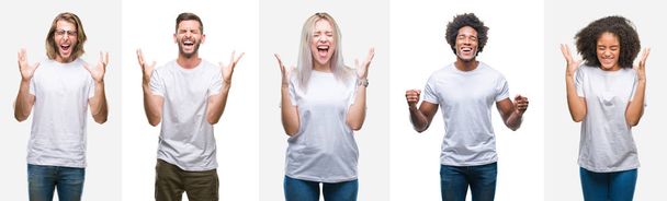Колаж групи молодих людей в білій футболці над ізольованим тлом, що святкує божевілля і божевілля за успіх з піднятими і закритими очима кричить схвильовано. концепція переможця
 - Фото, зображення