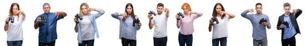 Collage of group of people looking through binoculars over isolated background with angry face, negative sign showing dislike with thumbs down, rejection concept - Photo, Image