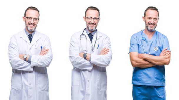 Collage of handsome senior hoary doctor man wearing surgeon uniform over isolated background happy face smiling with crossed arms looking at the camera. Positive person. - Foto, afbeelding