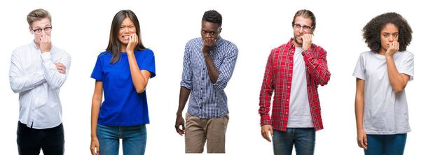 Collage di gruppo di giovani asiatici, caucasici, afroamericani su sfondo isolato che sembrano stressati e nervosi con le mani in bocca che mordono le unghie. Problema di ansia
. - Foto, immagini
