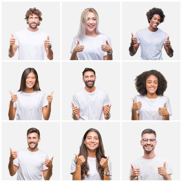 Κολάζ της ομάδας των ανθρώπων που φορούν περιστασιακή λευκό t-shirt πάνω από το απομονωμένο ιστορικό σημάδι επιτυχίας κάνει θετική κίνηση με το χέρι, τους αντίχειρες επάνω χαμογελαστός και χαρούμενος. Κοιτάζοντας την κάμερα με χαρούμενη έκφραση, χειρονομία νικητής. - Φωτογραφία, εικόνα