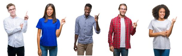 Collage einer Gruppe junger asiatischer, kaukasischer, afrikanisch-amerikanischer Menschen vor isoliertem Hintergrund mit einem breiten Lächeln im Gesicht, die mit Hand und Finger zur Seite zeigen und in die Kamera schauen. - Foto, Bild