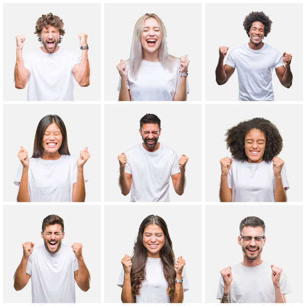 Collage di gruppo di persone che indossano casual t-shirt bianca su sfondo isolato eccitato per il successo con le braccia sollevate celebrando la vittoria sorridente. Concetto vincitore
. - Foto, immagini