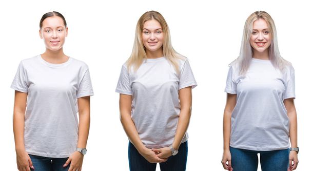 Collage of group of young women wearing white t-shirt over isolated background with a happy and cool smile on face. Lucky person. - 写真・画像