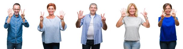 Колаж групи людей середнього віку і старшого віку над ізольованим тлом, що показує і вказує пальцями номер сім, посміхаючись впевнено і щасливо
. - Фото, зображення