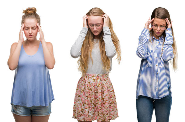 Коллаж группы блондинок на изолированном фоне с рукой на голове от боли в голове из-за стресса. Страдания от мигрени
. - Фото, изображение