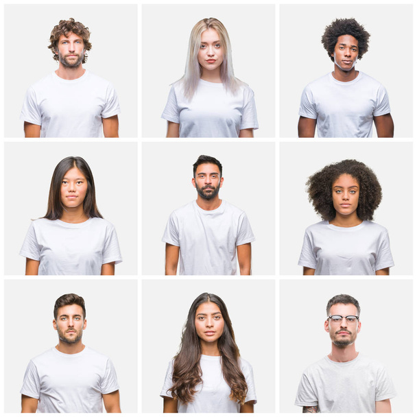 Collage of group of people wearing casual white t-shirt over isolated background with serious expression on face. Simple and natural looking at the camera. - Photo, Image
