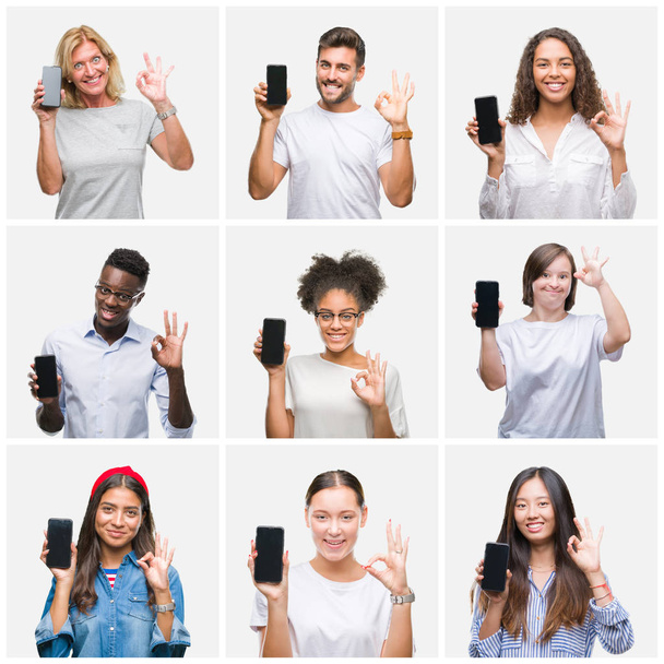 Koláž skupiny mladých lidí ukazuje obrazovka smartphone izolované pozadí dělá ok cedulka s prsty, vynikající symbol - Fotografie, Obrázek