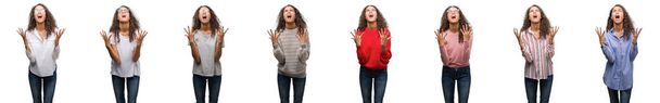 Composition of young brazilian woman isolated over white background crazy and mad shouting and yelling with aggressive expression and arms raised. Frustration concept. - Photo, Image