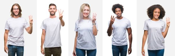 Colagem de grupo de jovens vestindo camiseta branca sobre fundo isolado mostrando e apontando para cima com os dedos número três enquanto sorri confiante e feliz
. - Foto, Imagem