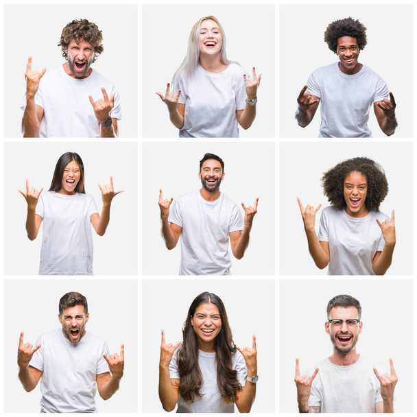 Collage van groep mensen dragen casual wit t-shirt over geïsoleerde achtergrond schreeuwen met gekke expressie doen rock symbool met de handen omhoog. Muziek sterren. Zware concept. - Foto, afbeelding
