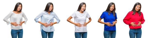 Samenstelling van chinese Aziatische vrouw over geïsoleerd achtergrond met hand op de maag omdat indigestie, pijnlijke ziekte onwel. Ache concept. - Foto, afbeelding