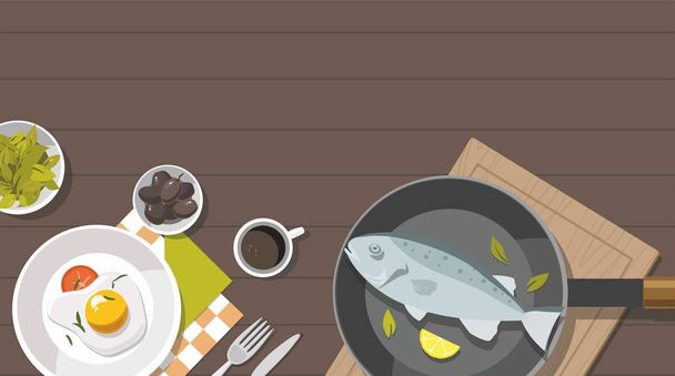 Μαγειρική έννοια. Τηγανητό αυγό, λαχανικά με σπανάκι, τηγάνι και τα ψάρια.  - Διάνυσμα, εικόνα