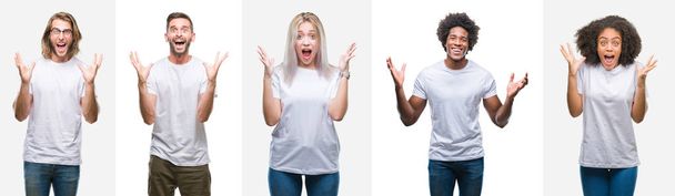 Колаж групи молодих людей в білій футболці над ізольованим тлом, що святкує божевілля і вражений успіхом з піднятими руками і відкритими очима, кричить схвильовано. концепція переможця
 - Фото, зображення