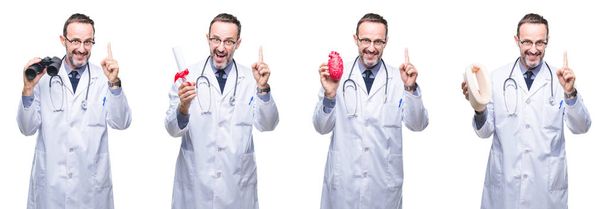 Колаж красивого старшого лікаря над ізольованим тлом здивований ідеєю або питанням, що вказує палець з щасливим обличчям, номер один
 - Фото, зображення