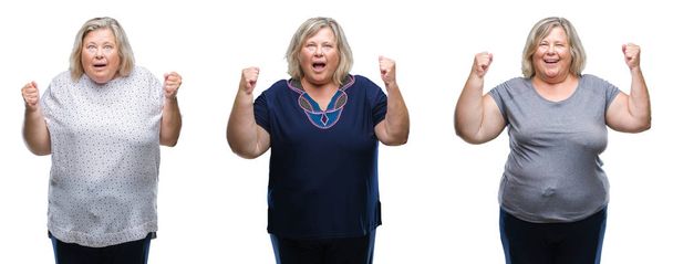 Collage of senior fat woman over isolated background celebrating surprised and amazed for success with arms raised and open eyes. Winner concept. - Photo, Image