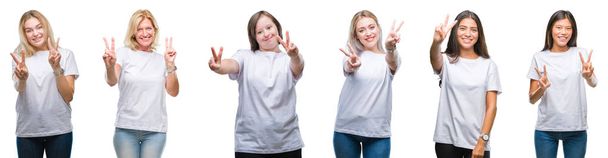 Колаж групи жінок у білій футболці над ізольованим тлом, посміхаючись дивитися на камеру, показуючи пальці, які роблять знак перемоги. Номер два
. - Фото, зображення